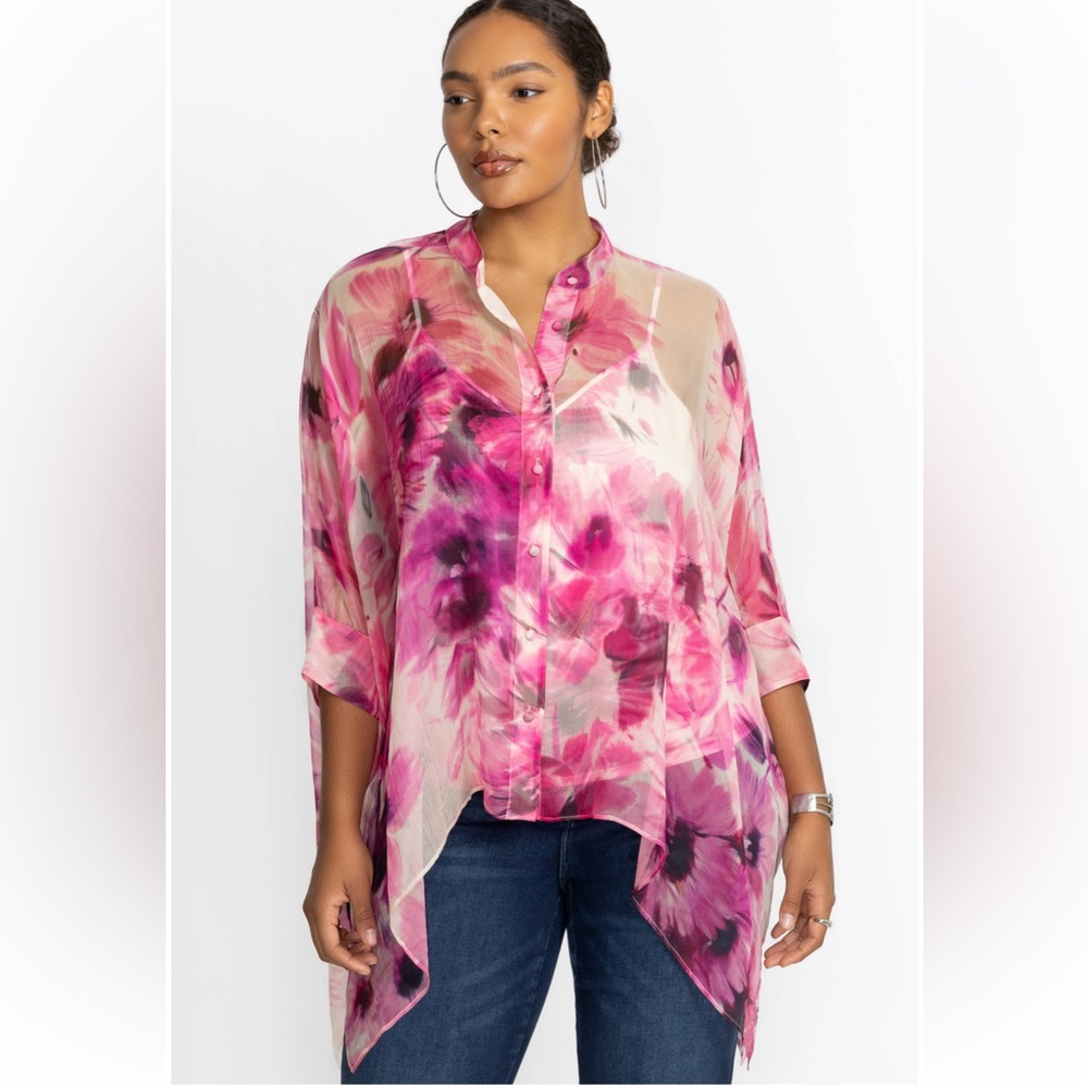 NWT 🌷 Johnny Was Floral Pink Silk Sheer Women's Top